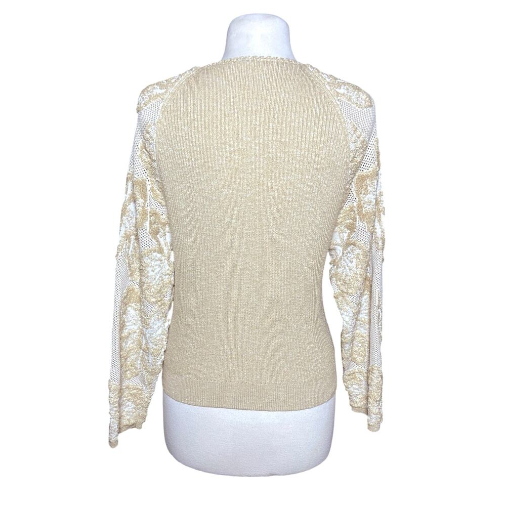 ANTHROPOLOGIE Women’s Tan Surplice Burnout Lace Sweater Knit Top - Picture 7 of 7